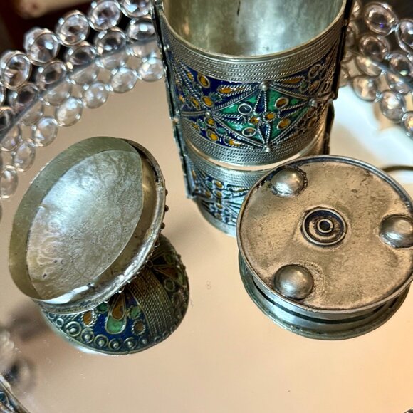 VTG ~ Cuff Bracelet & Box w/ Pin ~Berber Kabyle Tribal Hammered Silver & Enamel - Picture 5 of 12